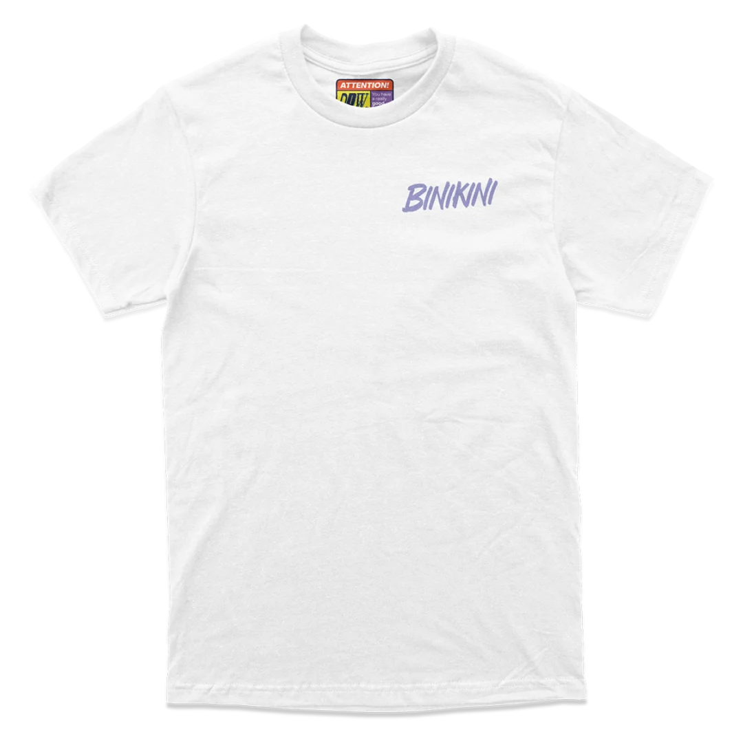 Front view of the Binikini T-Shirt from the Rawayana Collection. White tee with a minimalist "BINIKINI" text in purple DTF print on the chest. Unisex fit, 100% cotton.