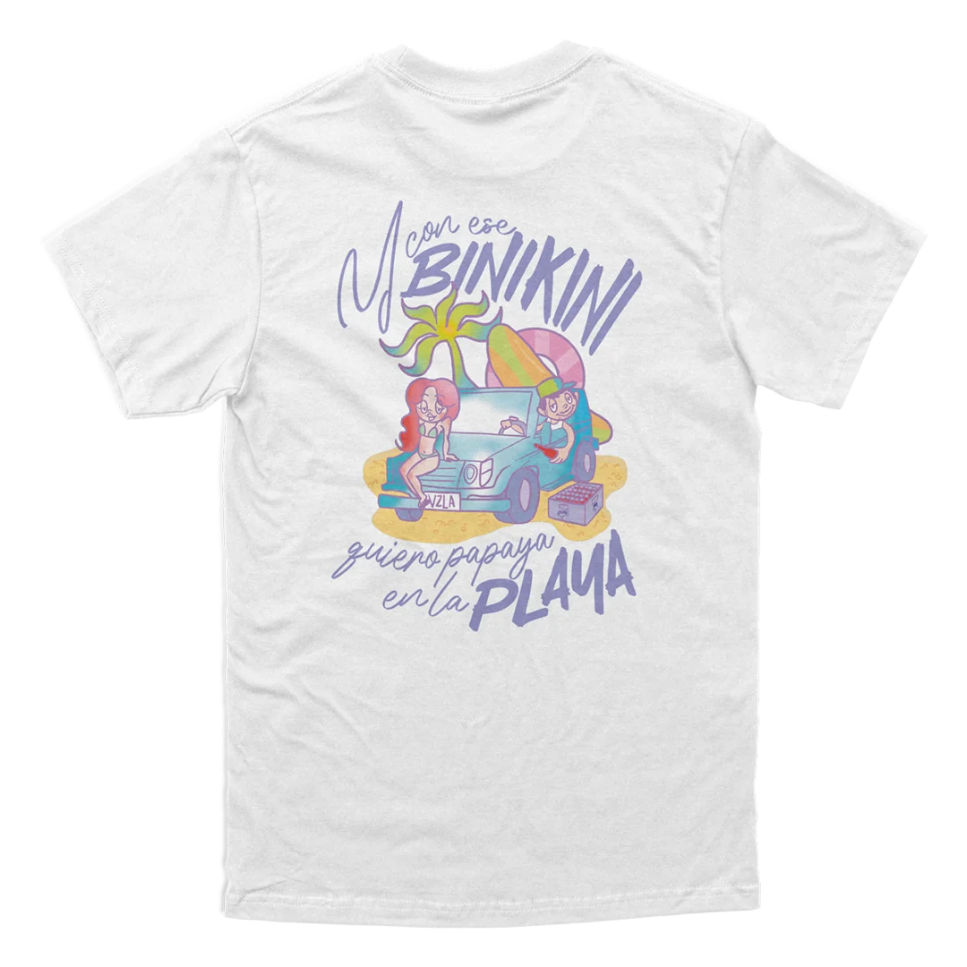 Back view of the Binikini T-Shirt from the Rawayana Collection. White tee with a colorful DTF print of a venezuelan car scene and the phrase "Y con ese BINIKINI quiero papaya en la playa." Unisex fit, 100% cotton.